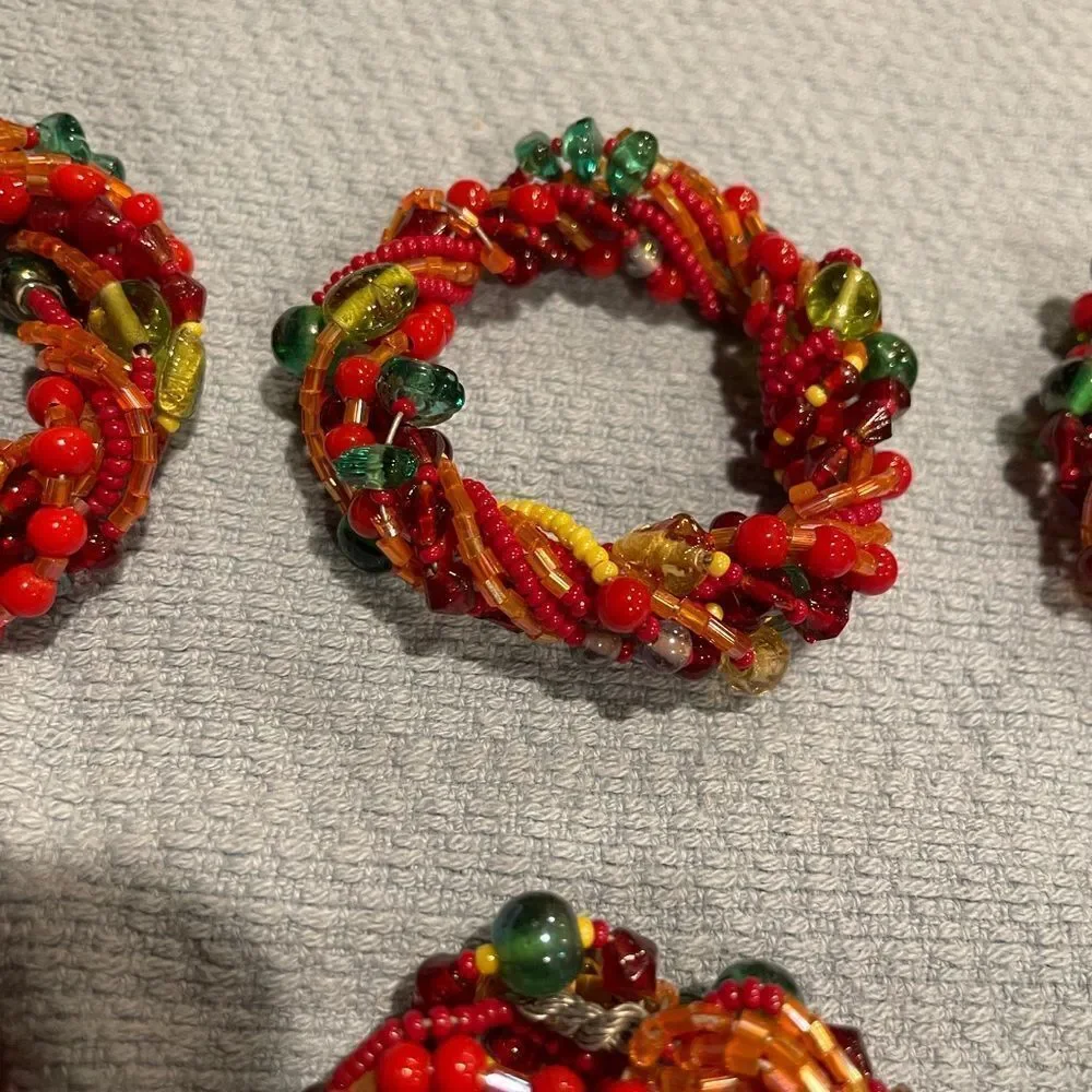 Green Glass Silver Wire Napkin Rings Red Orange Glass Beads Napkin Rings 16 TTL